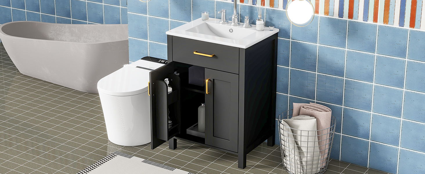 Bathroom Vanity Combo With Ceramic Sink, Luxurious Space-Saving Vanity, 2 Soft Close Doors