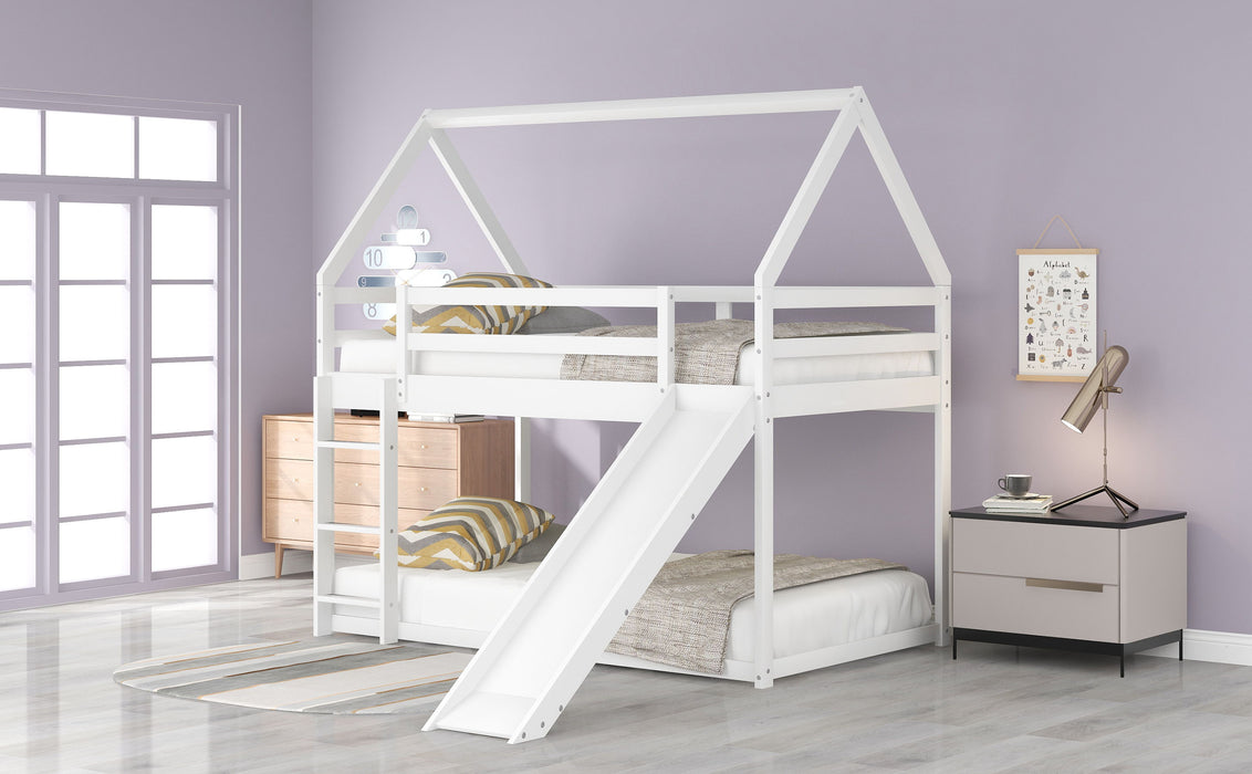 Twin Size Bunk House Bed With Slide And Ladder - White