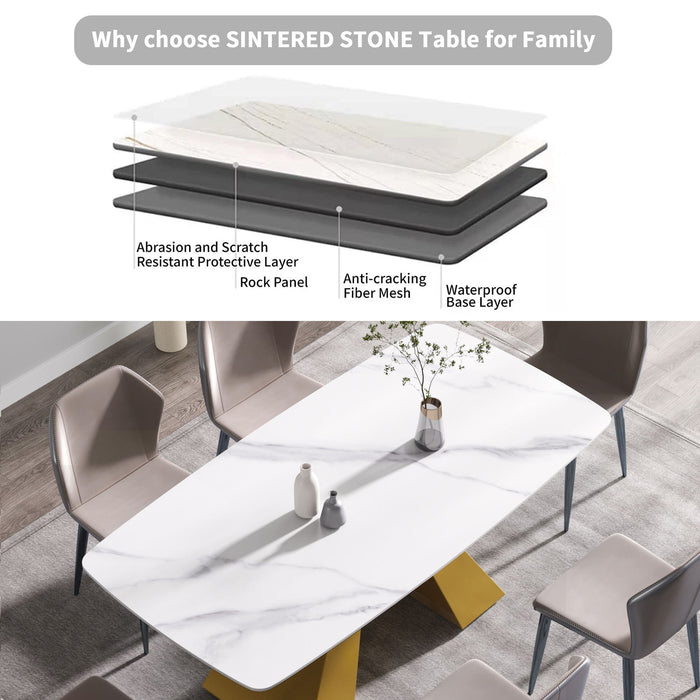 Modern Artificial Stone Curved Metal Leg Dining Table, Can Accommodate 6-8 People - White / Gold