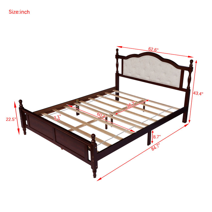 Pine Wooden Bed With Upholstered Headboard And Panel Footboard, With Two Bed Rail Support Feet And Central Platform Support Feet