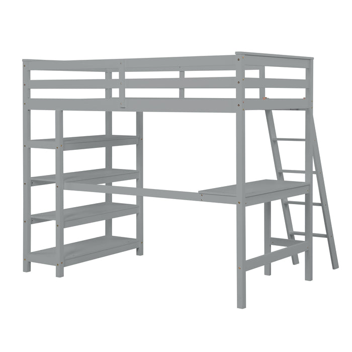 Loft Bed Twin With Desk, Ladder, Shelves - Gray