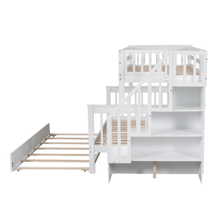 Twin Over Full Bunk Bed With Twin Size Trundle, Storage And Guard Rail For Bedroom, Dorm, For Adults - White