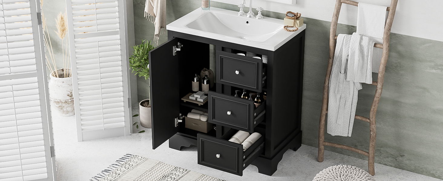 Bathroom Vanity Cabinet With Ceramic Basin, 3 Drawers And Adjustable Shelves