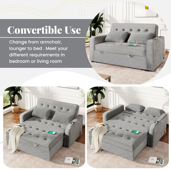 Upholstered Sleeper Bed, Pull Out Sofa Bed Couch Attached Two Throw Pillows, Dual USB Charging Port And Adjustable Backrest For Living Room Space