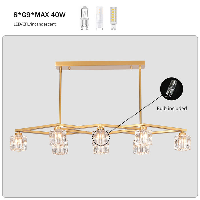 Crystal Chandelier For Dining Room, 8 Light Kitchen Chandelier Light Fixture Modern Metal Industrial Chandeliers For Farmhouse Entryway Living Room (8*G9 Bulbs Included) - Matte Gold