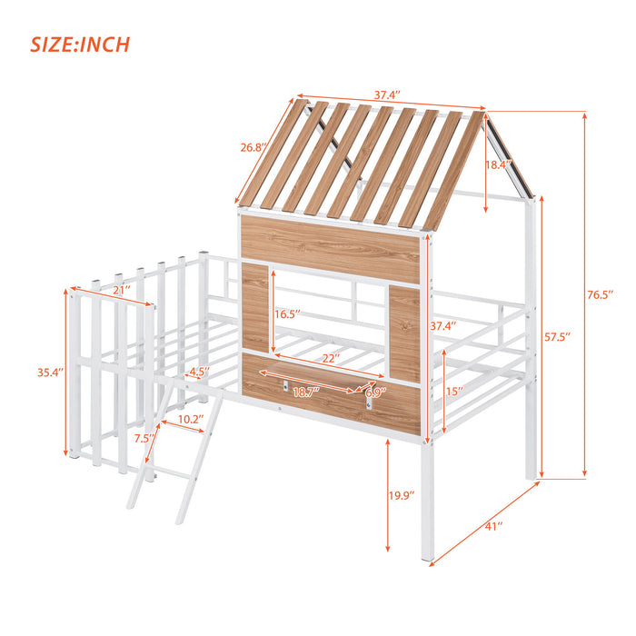 Twin Size Loft Bed With Roof, Window, Guardrail, Ladder