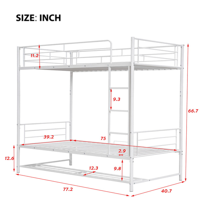 Twin Over Twin Metal Bunk Bed With Shelf And Guardrails