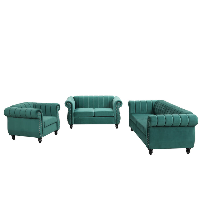 Modern Three Piece Sofa Set With Solid Wood Legs, Buttoned Tufted Backrest - Frosted Velvet Upholstered Sofa Set Including Three Seater Sofa, Double Seater And Living Room Furniture Set Single Chair