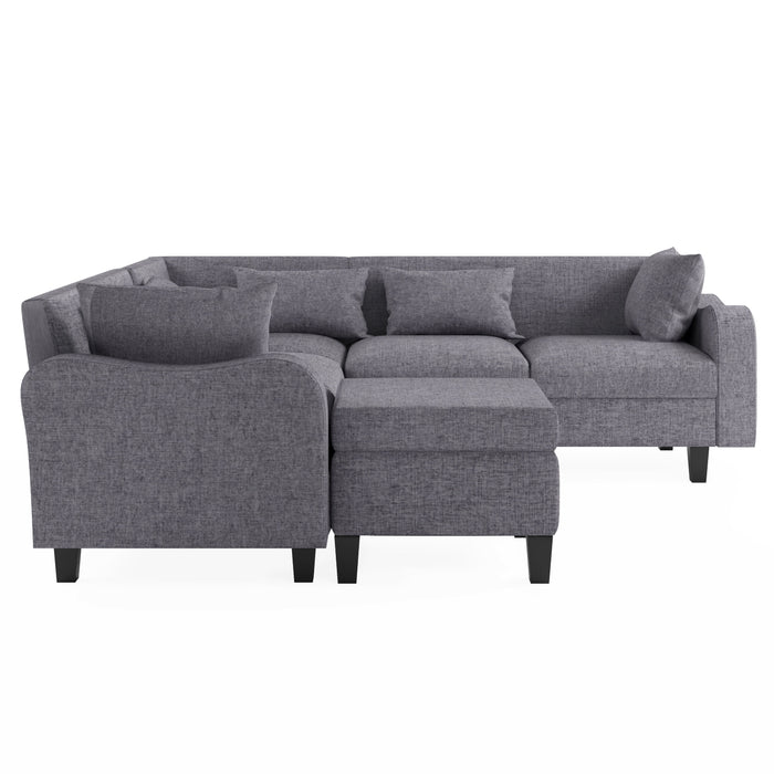 Modern Sectional Sofa With Coffee Table, 6 Seat Couch Set With Storage Ottoman, Various Combinations, L-Shape Indoor Furniture With Unique Armrests For Living Room (6 Pillows)