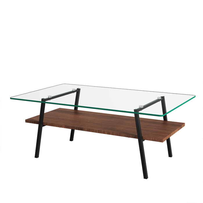 Rectangle Coffee Table, Tempered Glass Tabletop With Metal Legs, Modern Table For Living Room