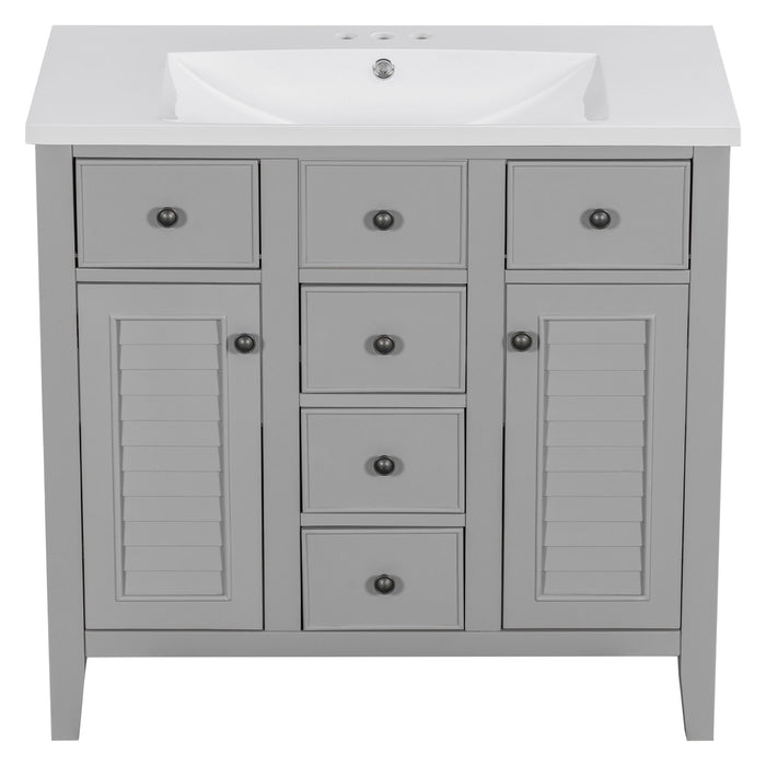 Bathroom Vanity With Ceramic Basin, Two Cabinets And Five Drawers, Solid Wood Frame, Gray