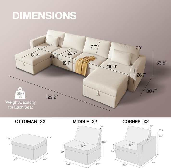 Modern Cotton Linen Modular Sectional Sofa, U Shape Convertible Sofa Set With Pillows, Oversized Sectional Couches With Storage Ottomans For Living Room, Loft, Apartment, Office 6 Seats