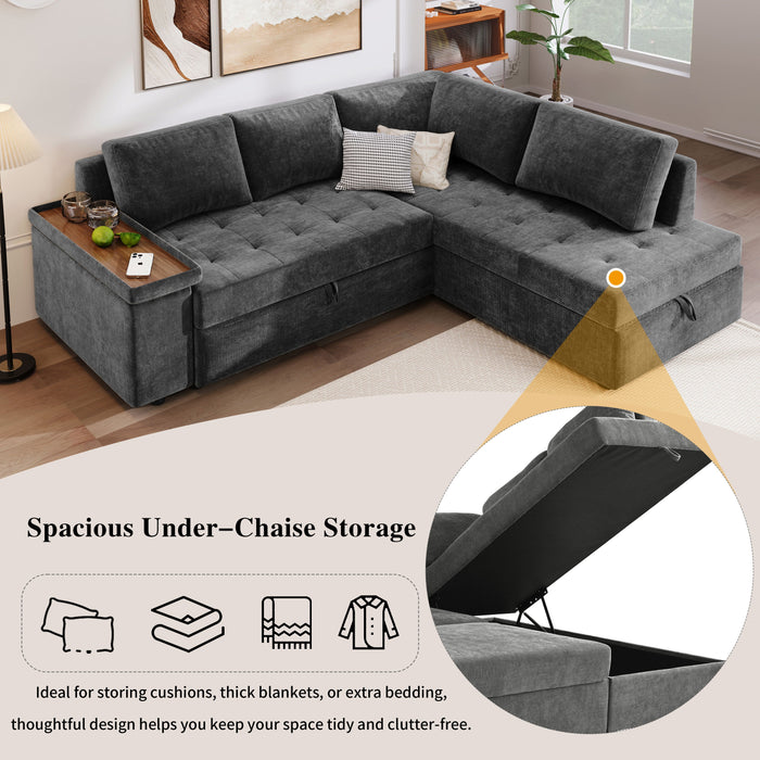 L Shaped Couch With Pull Out Bed And Storage Sectional Sleeper Sofa With Hidden Storage, Wide Armrest With Storage, For Living Room, Apartment, Bedroom, Office