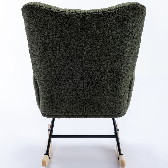 30.3" Rocking Chair With Pocket, Soft Teddy Fabric Rocking Chair For Nursery, Comfy Wingback Glider Rocker With Safe Solid Wood Base For Living Room Bedroom Balcony - Dark Green