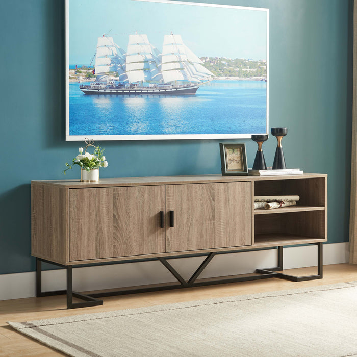 Sleek TV Stand With Black Metal Legs Stylish Storage With Open Shelves & Cabinets - Dark Taupe