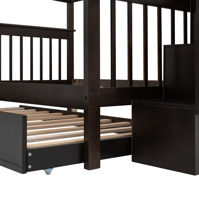 Stairway Bunk Bed With Twin Size Trundle, Storage And Guard Rail For Bedroom, Dorm