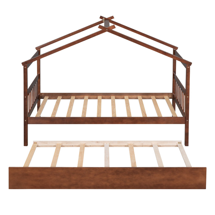 Twin Size Wooden House Bed With Twin Size Trundle Walnut