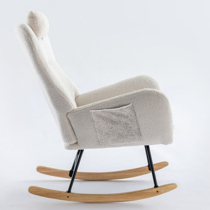 Rocking Chair With Pocket, Soft Teddy Fabric Rocking Chair For Nursery, Comfy Wingback Glider Rocker With Safe Solid Wood Base