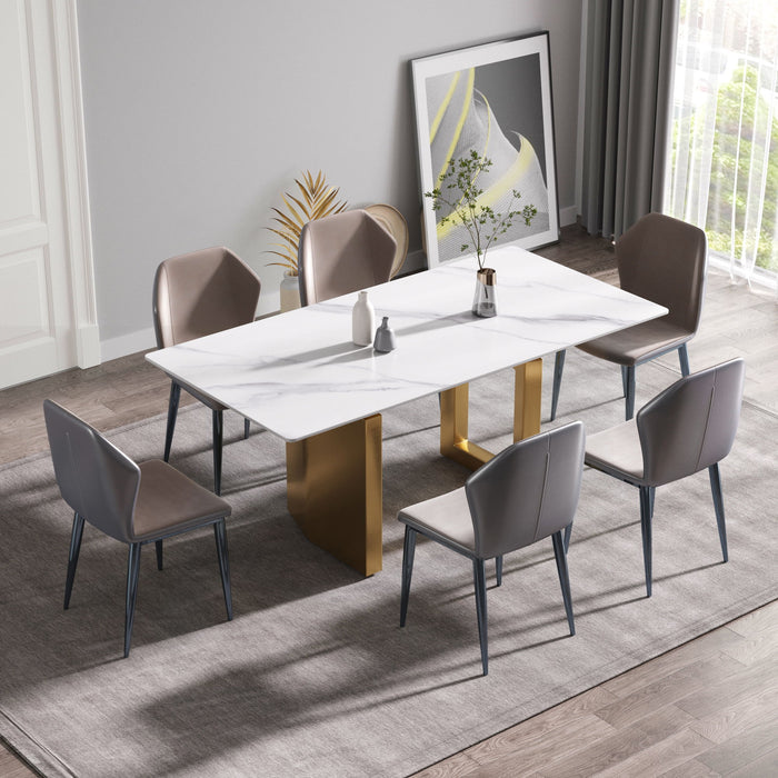 70.87" Modern Artificial Stone Straight Edge Golden Metal Leg Dining Table, Can Accommodate 6-8 People - White / Gold