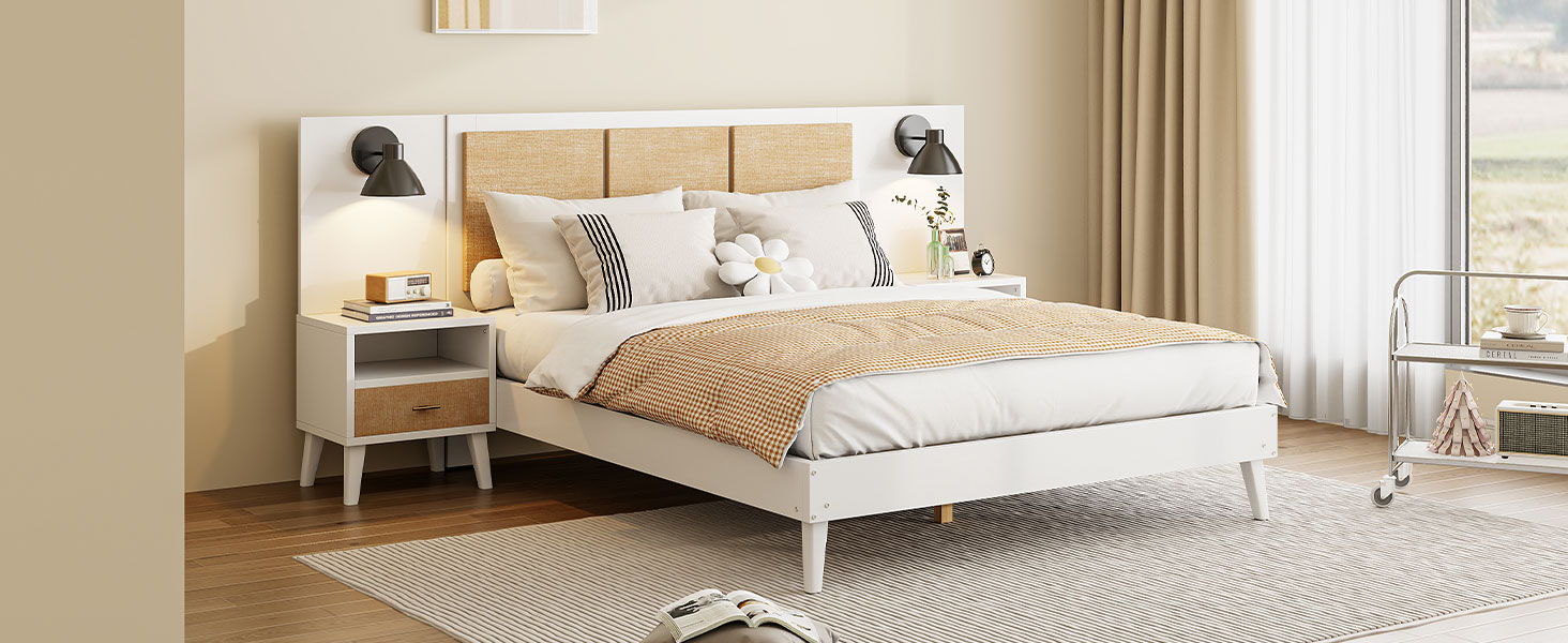 Solid Wood Bed Frame With 2 Nightstands, Elegant Design With Lamps, Rattan And Wood Combination