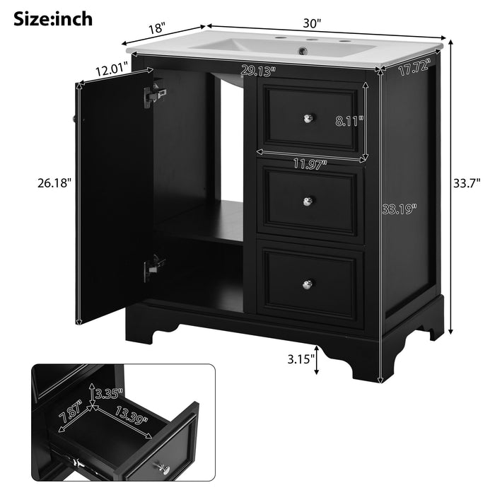 Bathroom Vanity Cabinet With Ceramic Basin, 3 Drawers And Adjustable Shelves