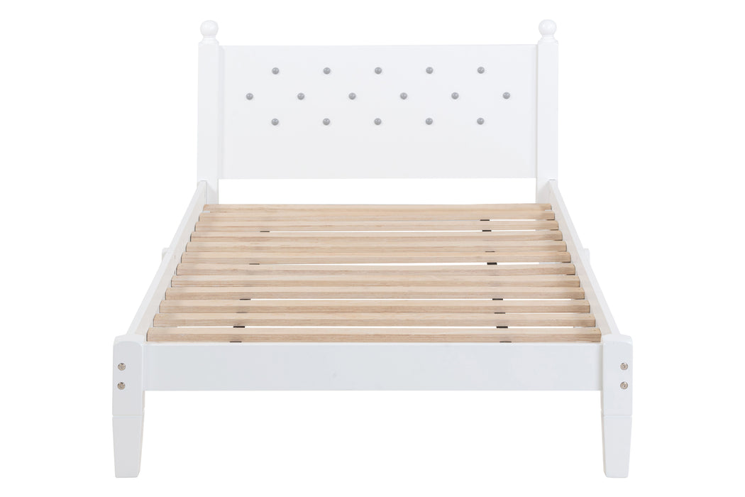 Twin Bed With Button-Decoration Headboard, With Bed Slats - White