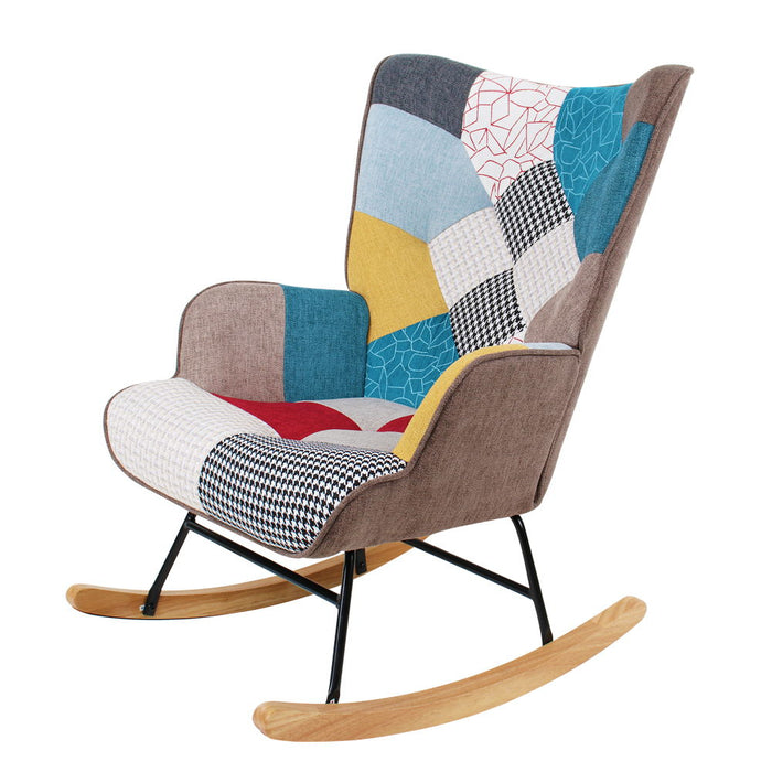 Accent Rocking Chair, Mid-Century Fabric Rocker Chair With Wood Legs And Patchwork Linen For Livingroom Bedroom