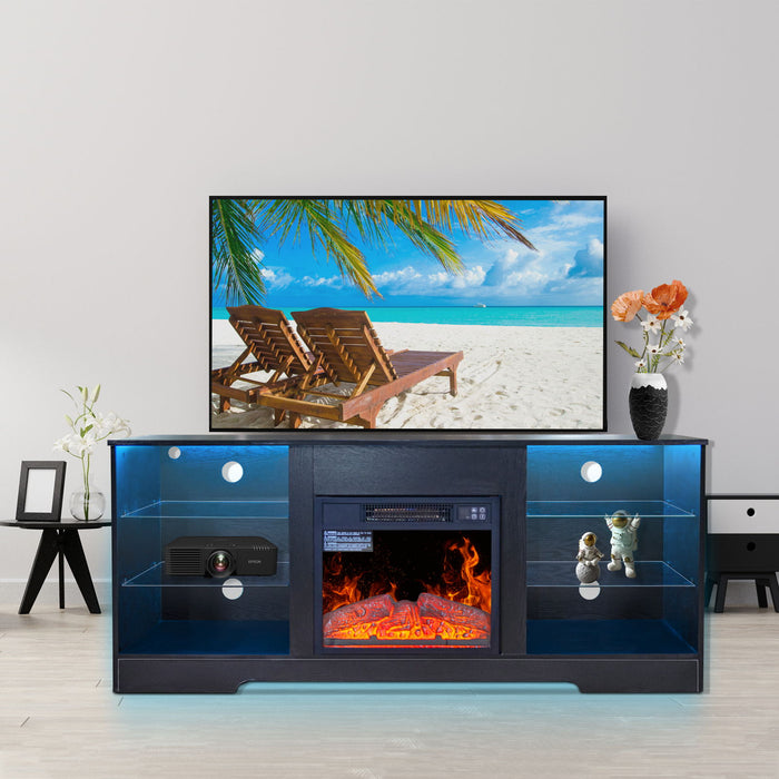 57.8" Fireplace TV Stand With 18" Electric Fireplace Heater, Modern Entertainment Center For TVs Up To 62" With Adjustable Glass Shelves And Storage Cabinets