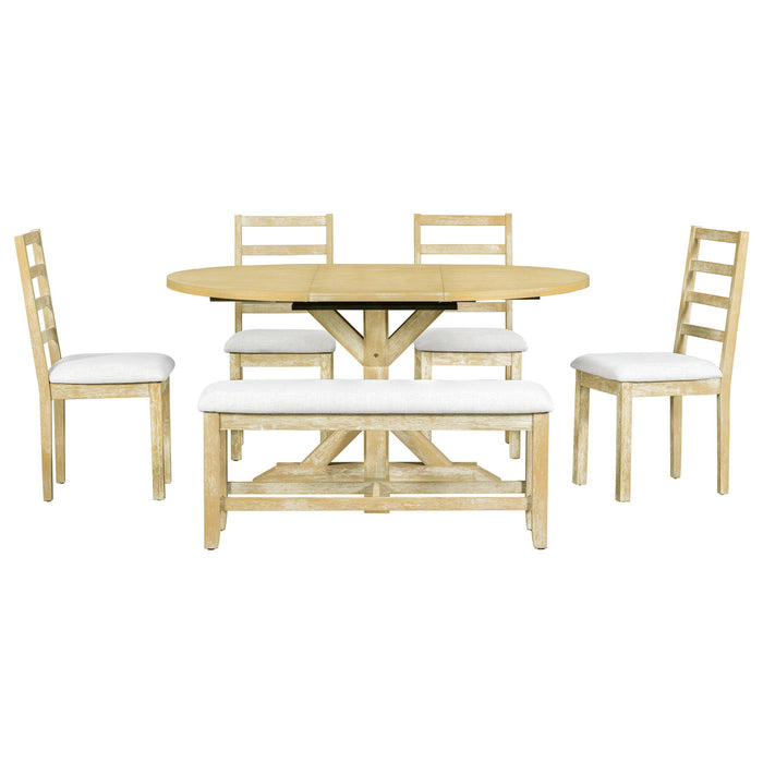 Topmax - 6 Piece Farmhouse Extendable Pedestal Dining Table Set With 18Inch Removable Leaf, Bench And 4 Ladder Back Dining Chairs