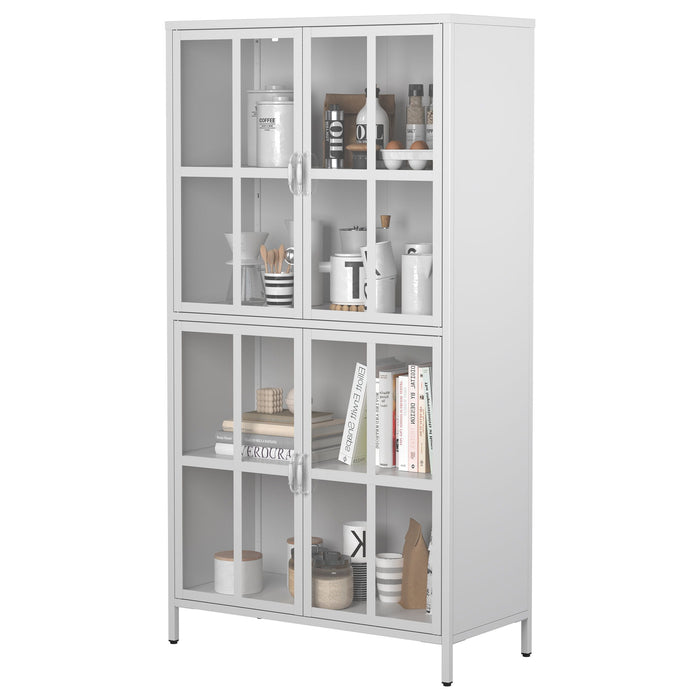 Premium Metal Storage Cabinet With Tempered Glass Doors, Adjustable Shelves, Anti-Tipping Device, Magnetic Silent Closure, And Adjustable Feet For Home And Office Use