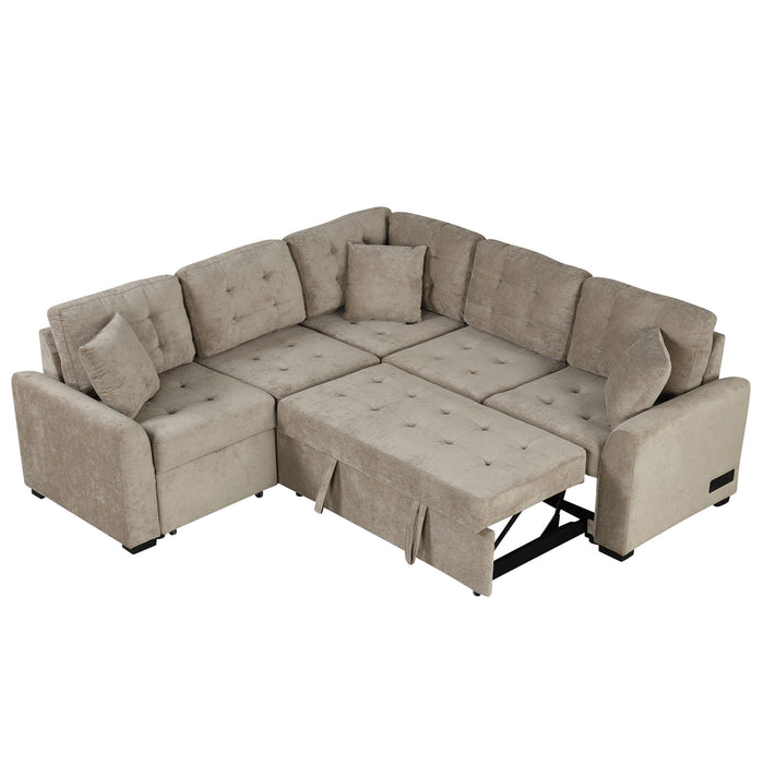 L-Shape Sofa Bed Pull-Out Sleeper Sofa With Wheels, USB Ports, Power Sockets For Living Room