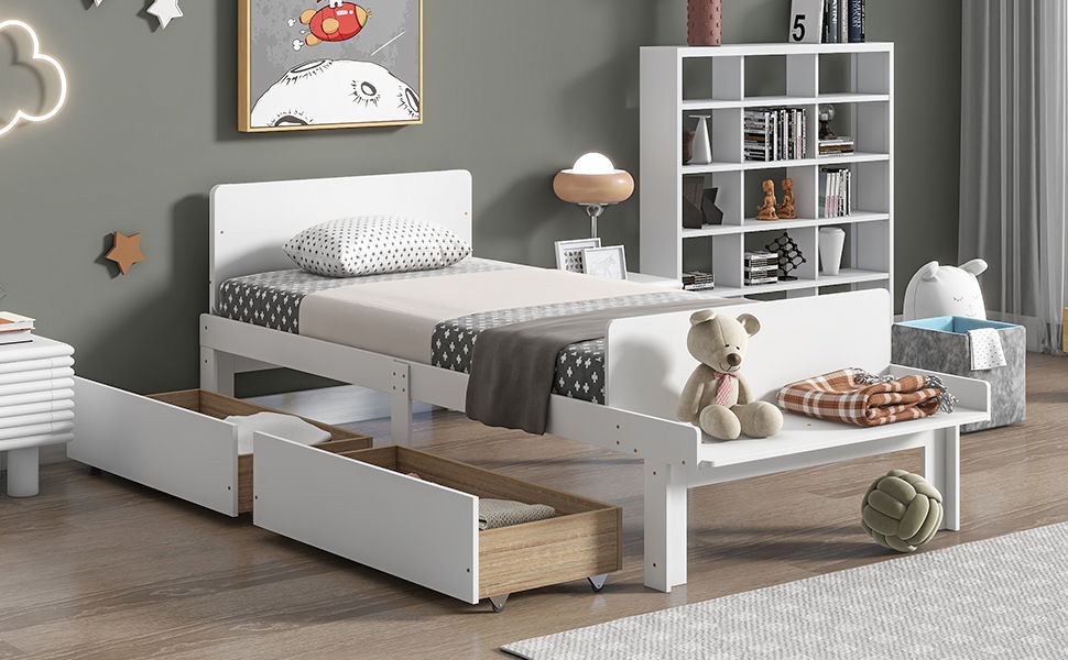 Twin Bed With Footboard Bench, 2 Drawers - White