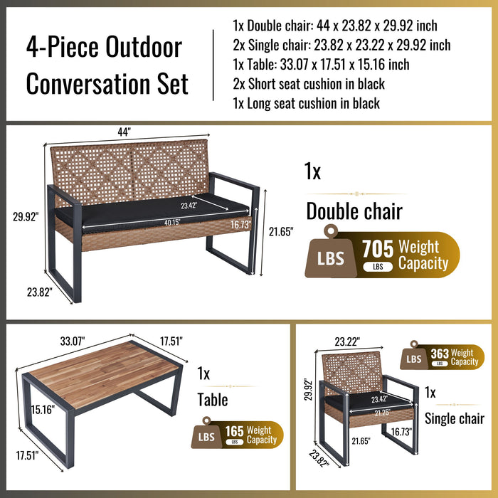 4 Piece Patio Furniture Set Outdoor Balcony Porch Garden Backyard Lawn Furniture Acacia Wood Table Top, Morden - Black And Light Brown