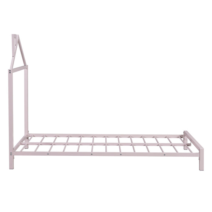 Twin Size Metal Platform Bed With House-Shaped Headboard Design