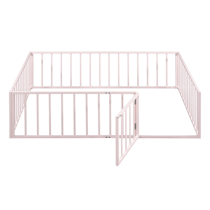 Metal Floor Bed Frame With Fence And Door - Black