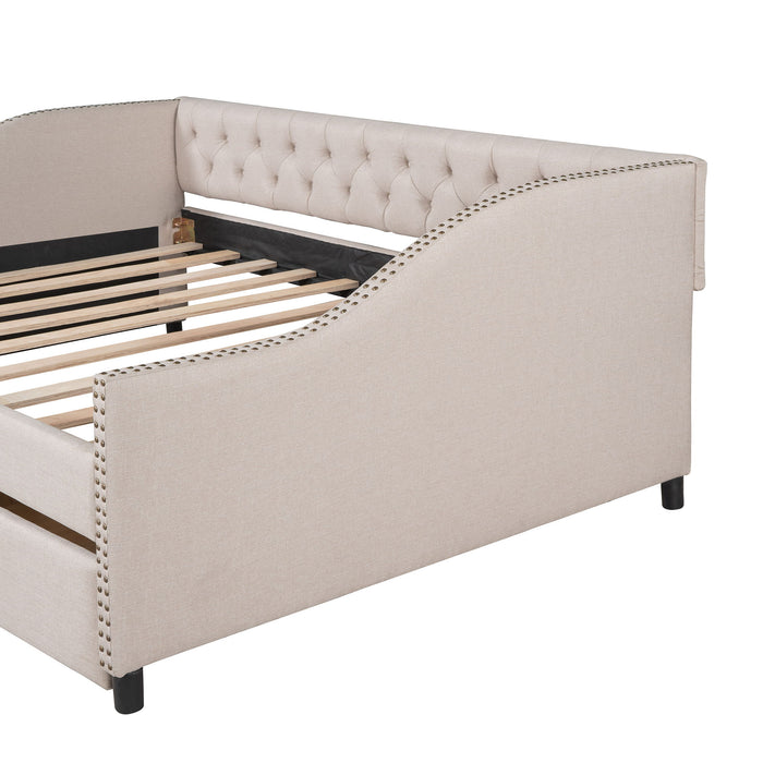 Full Size Upholstered Daybed With Two Drawers, Wood Slat Support