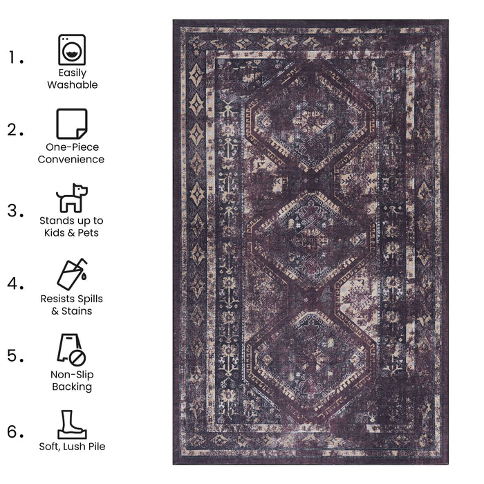 3' x 5' Area Rug, Washable, Low-Pile, Non-Slip, Non-Shedding, Foldable, Kid & Pet Friendly - Black / Burgundy