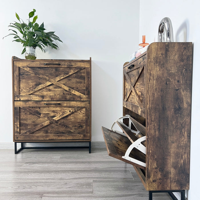 Shoe Storage Cabinet With 2 Flip Drawers, Freestanding Organizer With Metal Legs For Entryway, Narrow Shoe Rack Cabinet - Rustic Brown