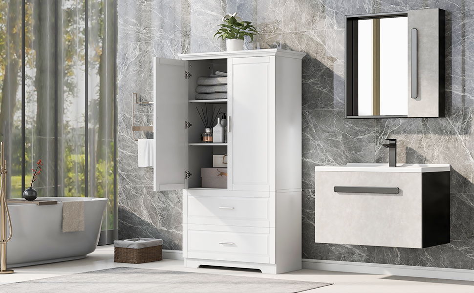 Tall Bathroom Storage Cabinet, Cabinet With Two Doors And Drawers, Adjustable Shelf, MDF Board - White