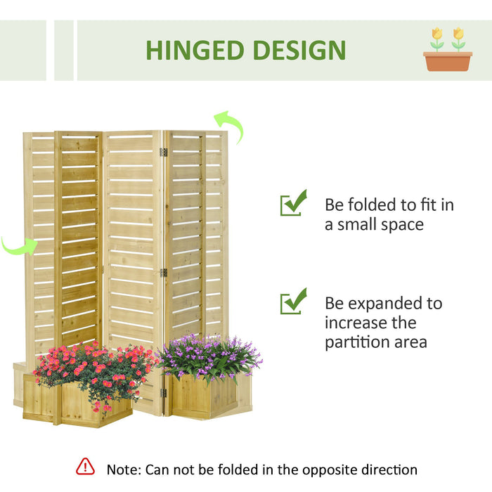 Outsunny - Freestanding Outdoor Privacy Screen, 4 Self-Draining Planters / Raised Garden Beds, 3 Hinged Panels For Hot Tub, Patio, Backyard, Deck - Natural