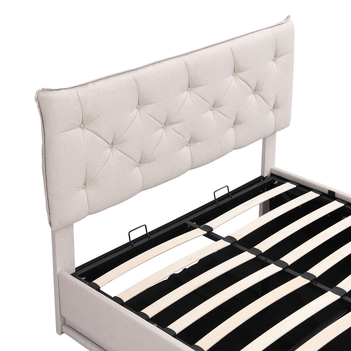 Upholstered Bed With Hydraulic Storage System And LED Light, Modern Platform Bed With Button-Tufted Design Headboard