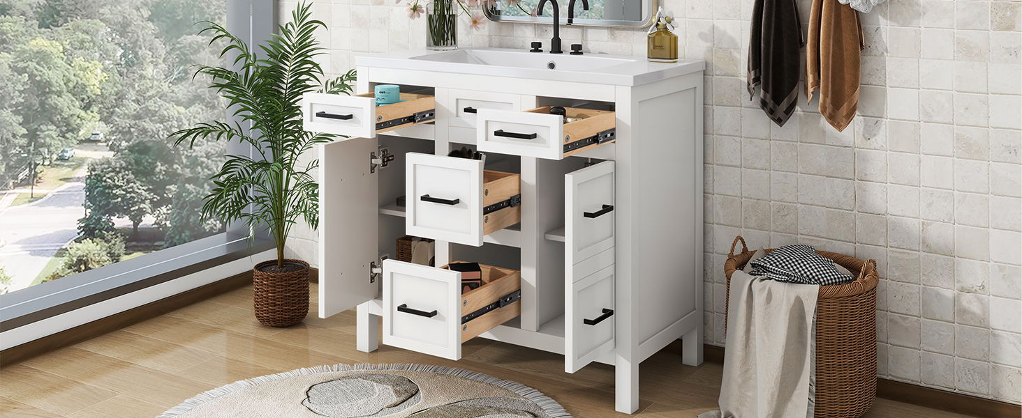 Bathroom Vanity Cabinet With Resin Integrated Sink 4 Drawers, 2 Doors - White