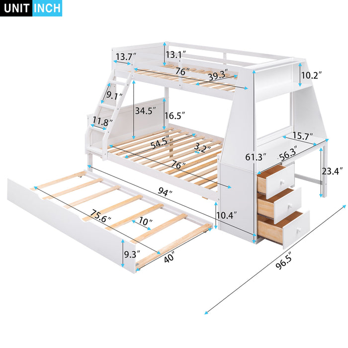 Twin Over Full Bunk Bed With Trundle And Built-In Desk, Three Storage Drawers And Shelf - White