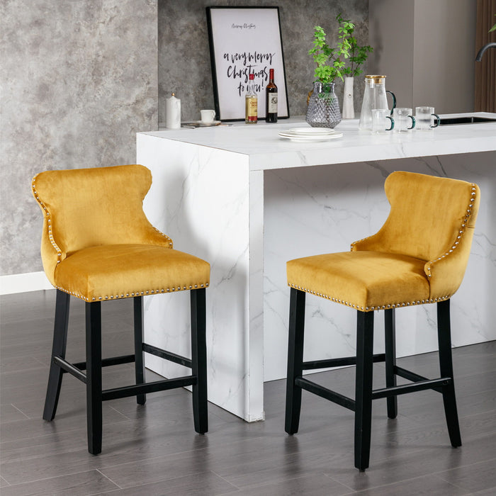 Contemporary Velvet Upholstered Wing-Back Barstools With Button Tufted Decoration And Wooden Legs, And Chrome Nailhead Trim, Leisure Style Bar Chairs, Bar Stools (Set of 2)