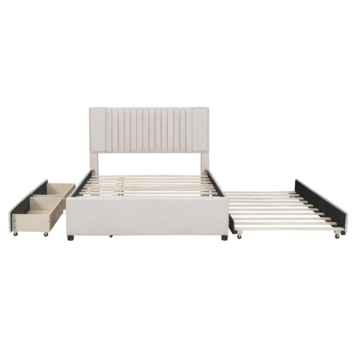 Upholstered Platform Bed With 2 Drawers And 1 Trundle, Classic Headboard Design