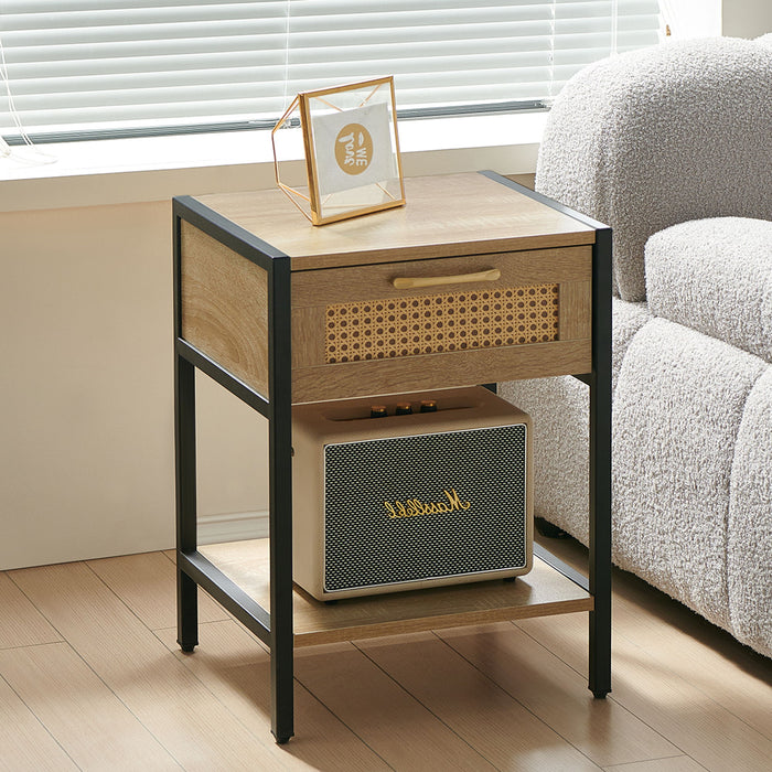 15.74" Rattan End Table With Drawer, Modern Nightstand, Metal Legs, Side Table For Living Room, Bedroom