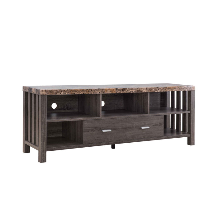 Home, Livingroom 60" TV Stand With Drawer & Five Open Shelves - Faux Marble Yellow & Distressed Grey