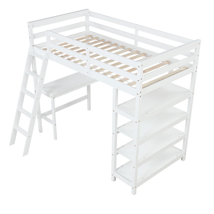 Twin Loft Bed With Desk, Ladder, Shelves