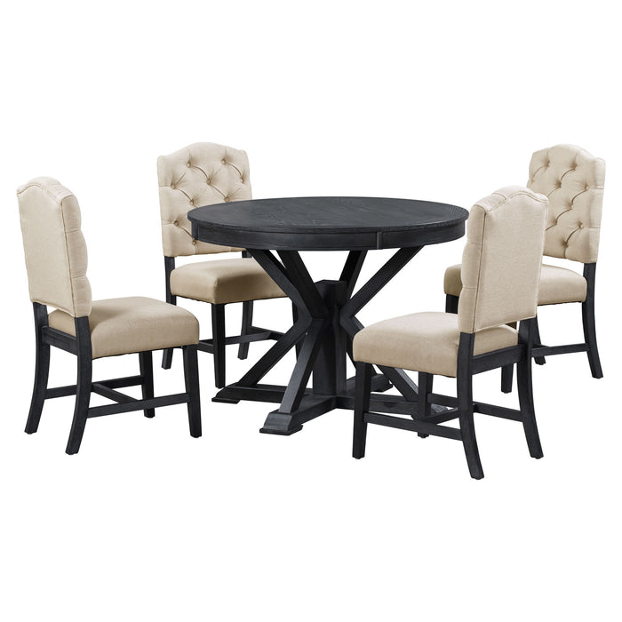 Functional Furniture Retro Style Dining Table Set With Extendable Table And 4 Upholstered Chairs For Dining Room And Living Room