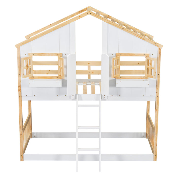 House Bunk Bed With Roof, Window, Window Box, Door, With Safety Guardrails And Ladder